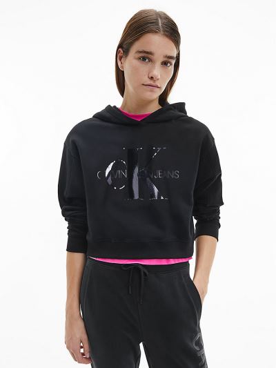 Calvin Klein Ruhák HU468544 | Calvin Klein Cropped Organic Cotton Logo Női Kapucnis Pulóver Fekete